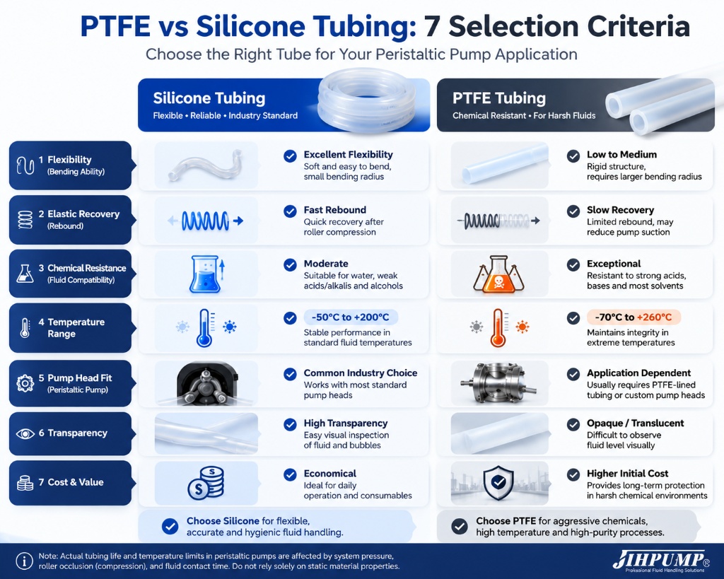 7 differences of PTFE vs silicone tubing for peristaltic pumps chart